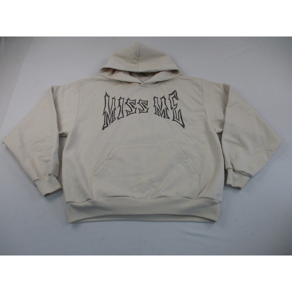 Miss Me Hoodie Mens L Cream Y2K Oversized Gothic Graphic Streetwear Utility